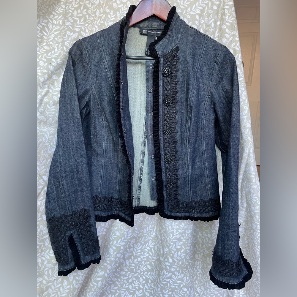 INC dressy jean jacket with velvet black trim and buttons
